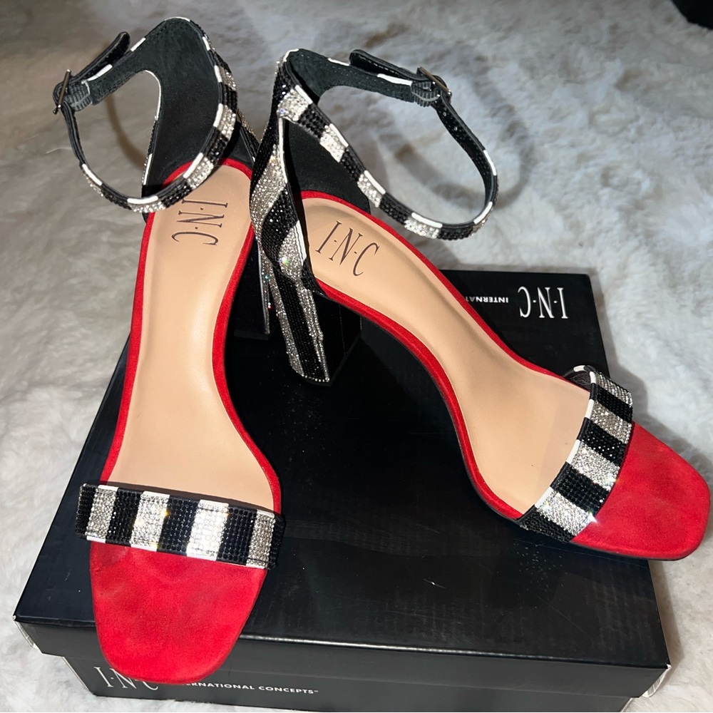 INC International Concepts Red and Black Strappy Heeled Sandals - Picture 2 of 6